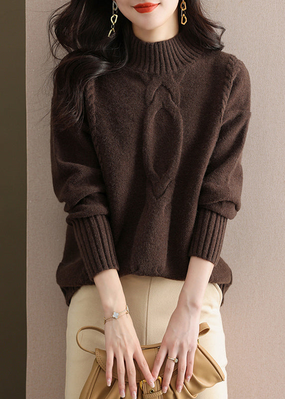 Coffee Half Hign Neck Thick Patchwork Knitted Sweaters Fall