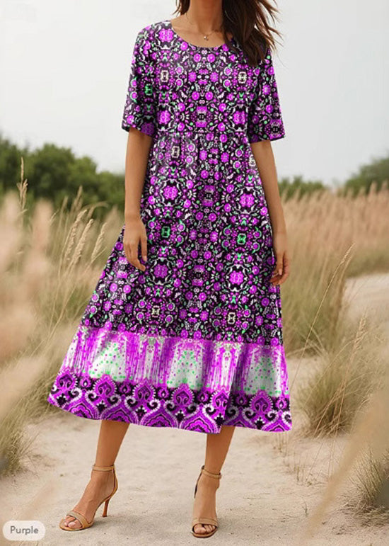 Red O Neck Print Cotton Long Dress Summer