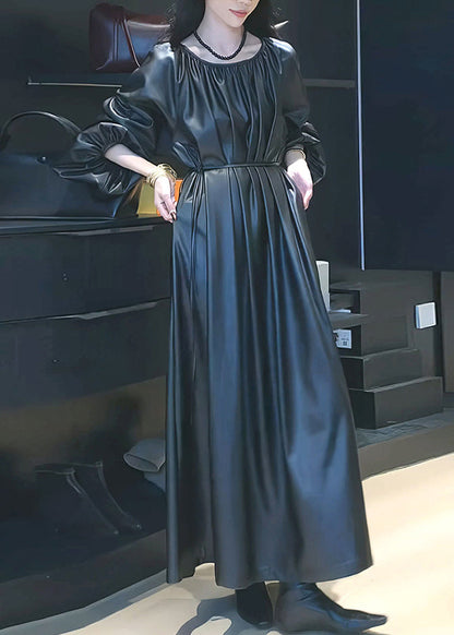 Black Cinched Tie Waist Pu Maxi Dresses Spring