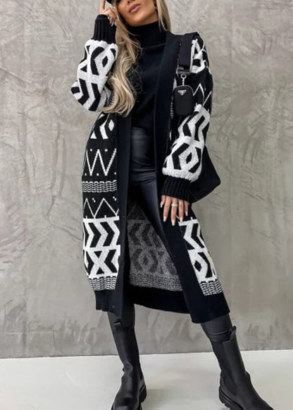 Black V Neck Geometric Jacquard Knit Cardigan Fall