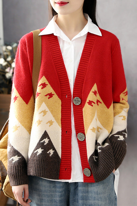 Contrast Color Loose Coat Knitted Cardigan