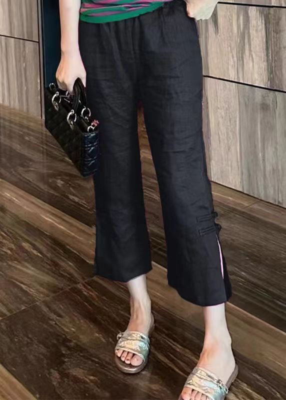 Black Cotton Summer Crop Pants High Waist