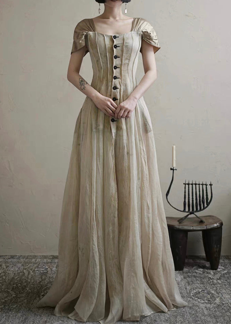 Square Collar Button Long Dress Summer