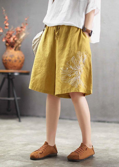 Art Chocolate Embroidered Tie Waist Linen Hot Pants