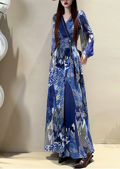 Blue V Neck Print Drawstring Maxi Dress Lantern Sleeve