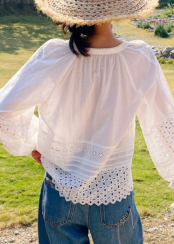 White Hollow Out Lace Up Cotton Shirt Butterfly Sleeve