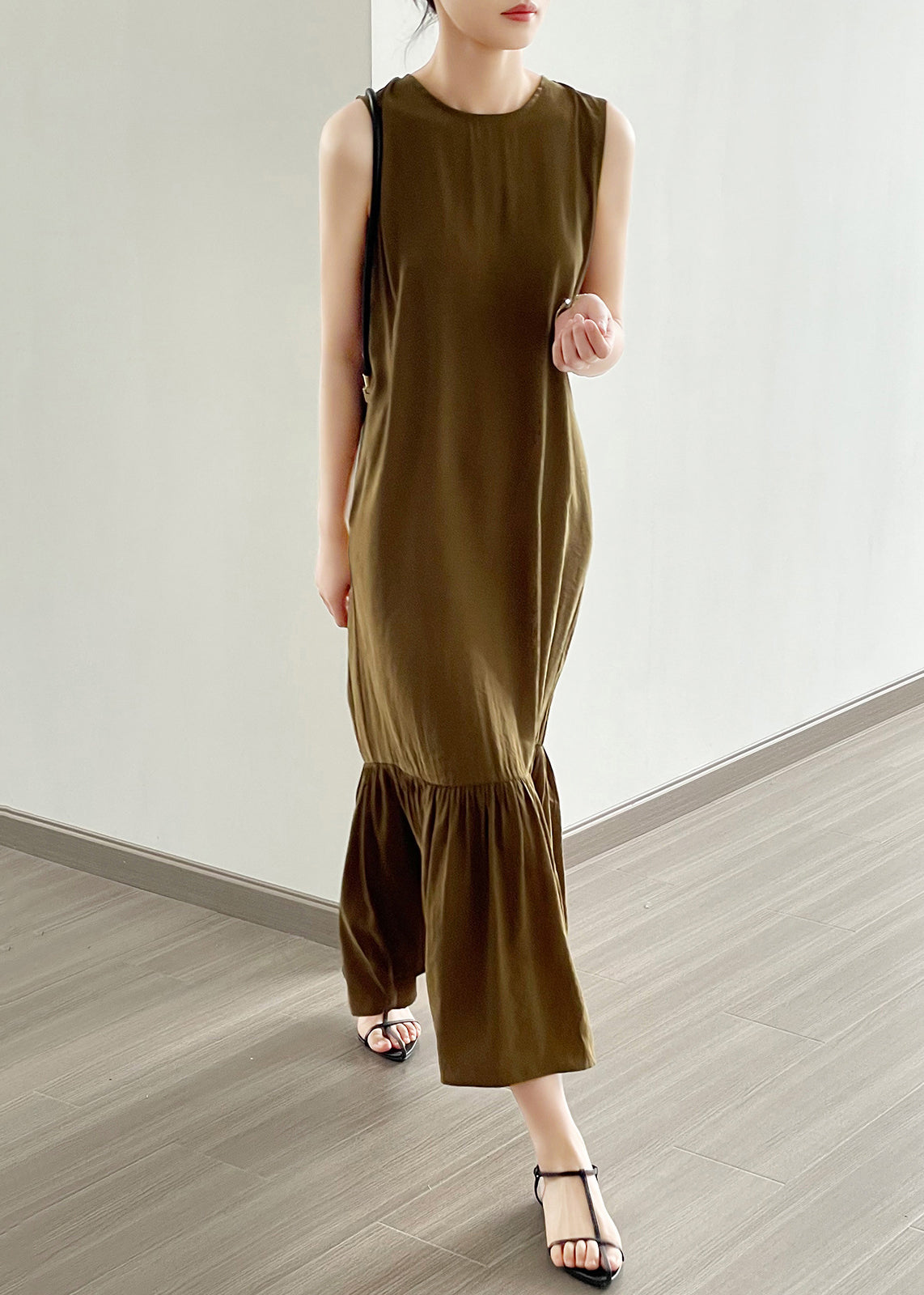New Olive Green Button Hollow Out Cotton Dress Summer