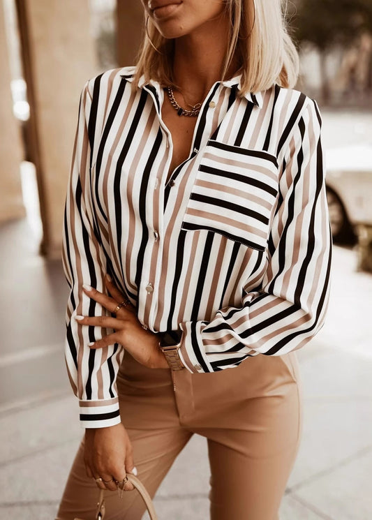 Organic Khaki Peter Pan Collar Striped Cotton Blouses Spring