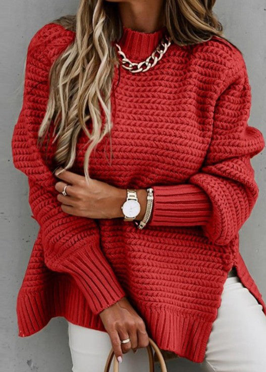 Pink O Neck Side Open Thick Cozy Knit Sweaters Fall