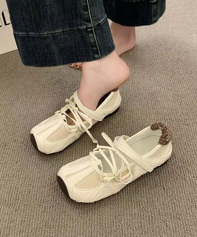 Comfy Beige Lace Up Splicing Flat Feet Shoes