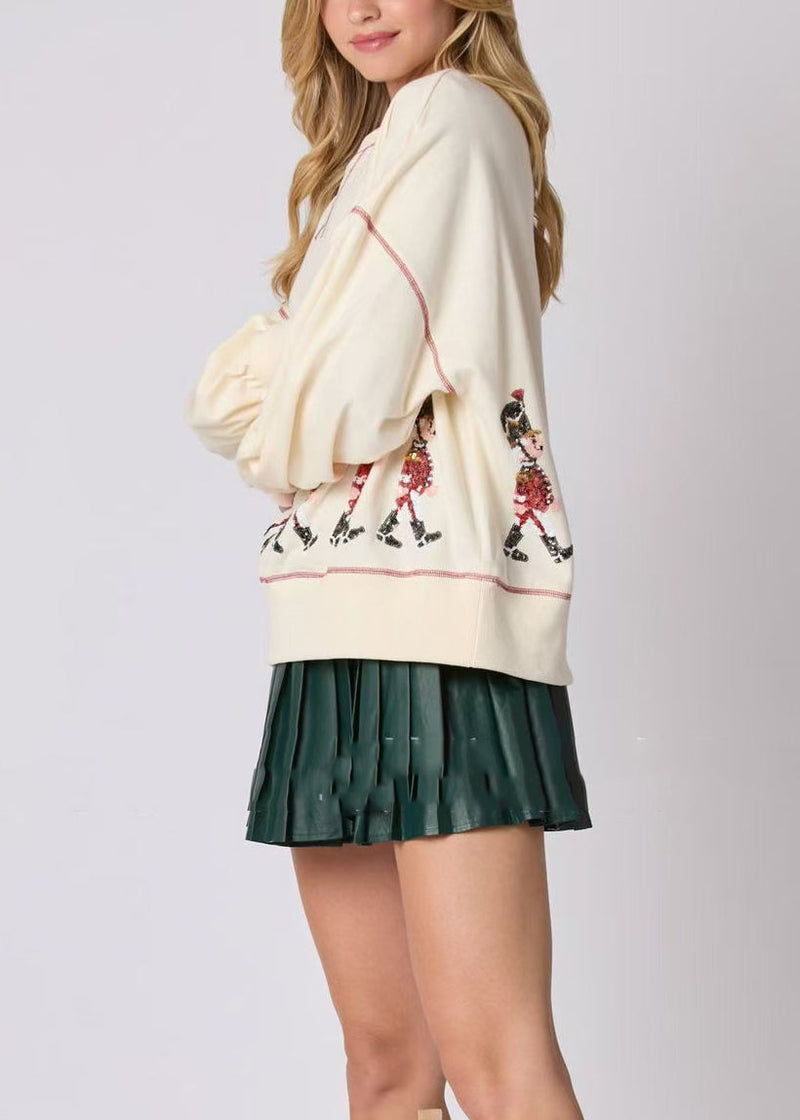 Apricot O Neck Sequins Cotton Loose Sweatshirts Top Winter