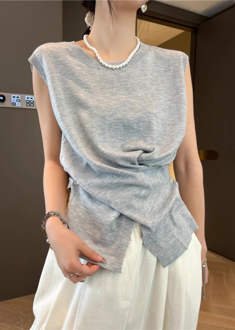 Apricot Asymmetrical Button Side Open Knit Tanks Sleeveless