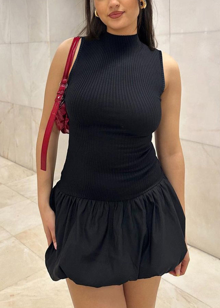 Black Hollow Out Backless Patchwork Cotton Dress Sleeveless