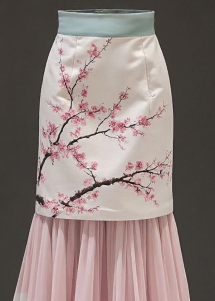 Pink Print False Two Pieces Chiffon Patchwork Skirts Summer