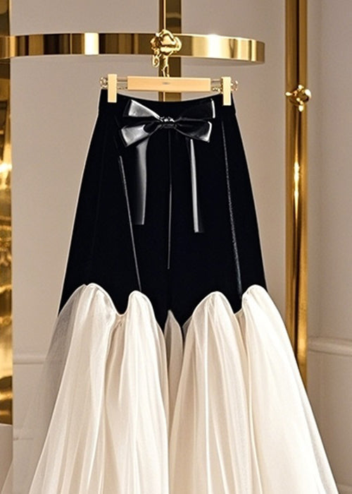Black Bow High Waist Tulle Patchwork Silk Velvet Skirt Spring
