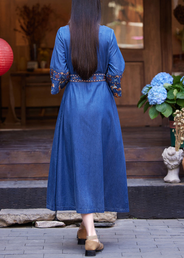 Denim Navy Patchwork Tie Waist Maxi Dress Flare Sleeve
