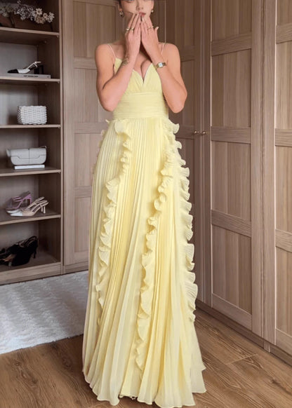 Classy Yellow V Neck Ruffled High Waist Chiffon Spaghetti Strap Dress Sleeveless
