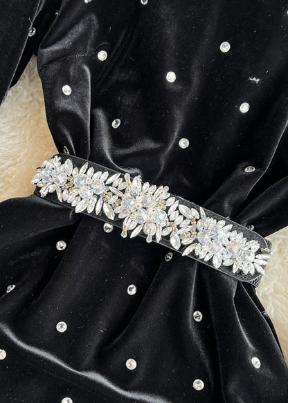 Black Ruffled Stand Collar Patchwork Zircon Flattering Silk Velvet Long Dresses Winter