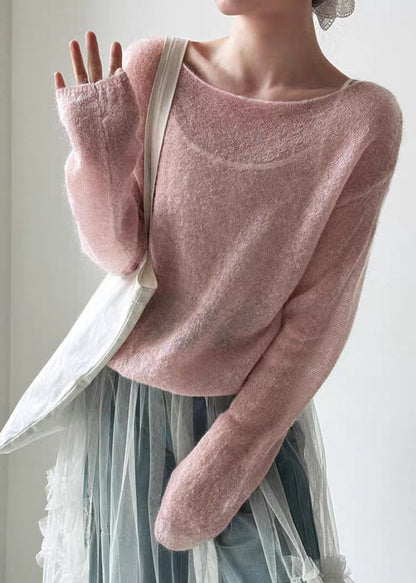 Pink O-neck Ma Hai Mao Knit Top Spring