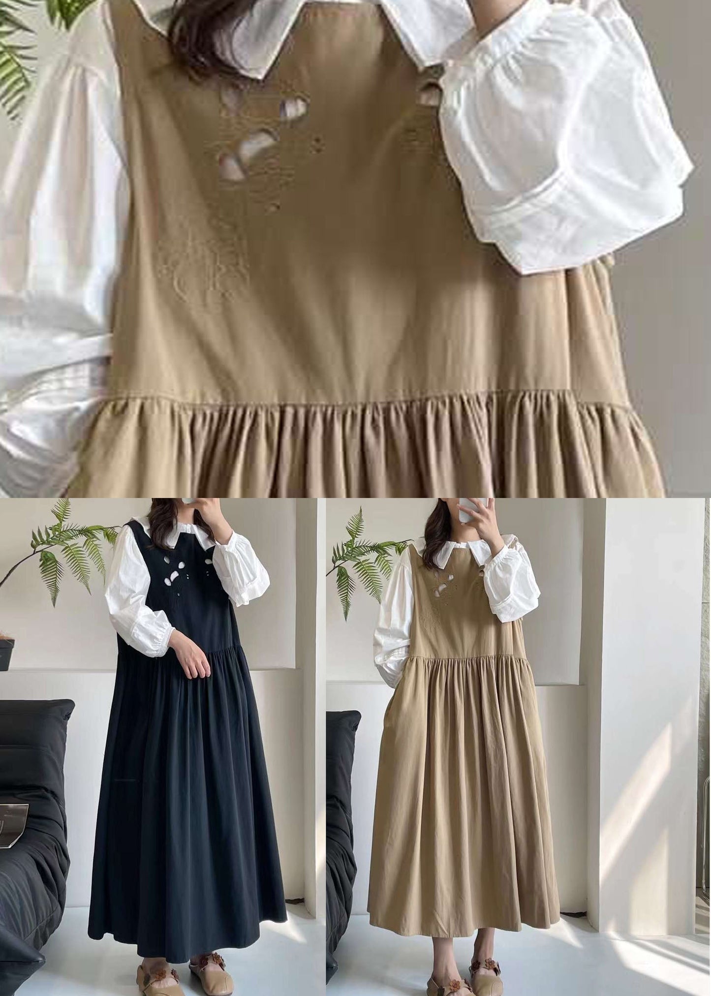 Black O-neck Patchwork Wrinkled Maxi Dress Summer