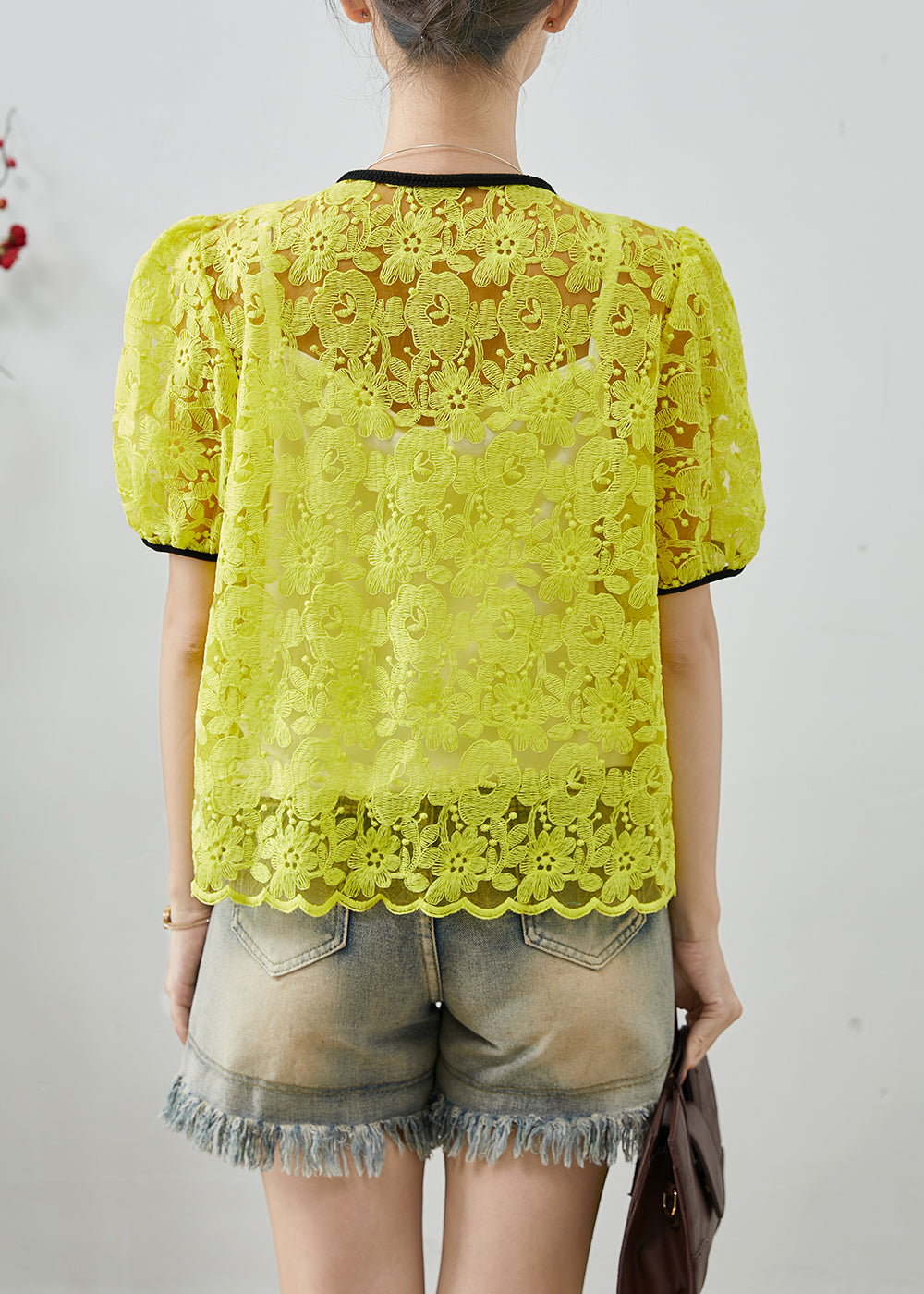 Fluorescent Yellow Embroidered Lace Blouse Top Summer