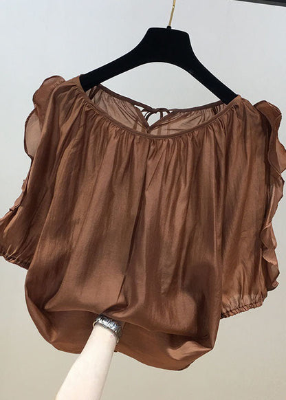 Coffee Patchwork Chiffon Shirt Tops Ruffled O-neck Summer