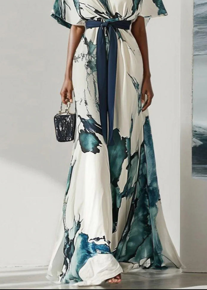 Classy V Neck Print Tie Waist Chiffon Dress Summer