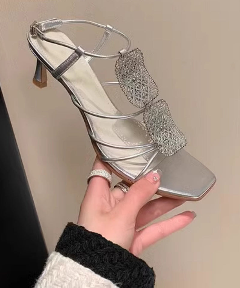 Gold Sandals High Heel Faux Leather Splicing Peep Toe