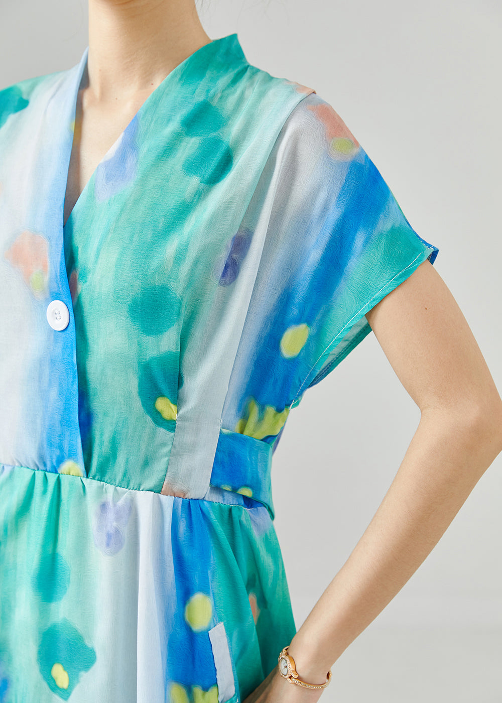 Blue Cinched Tie Dye Chiffon Dress Summer