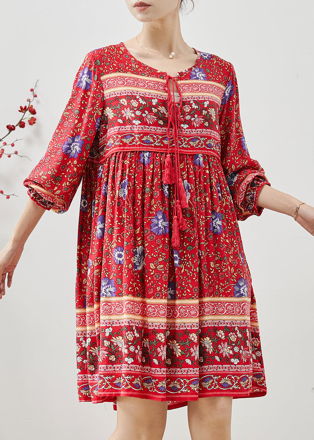 Red Tasseled Print Cotton Mini Dresses Fall