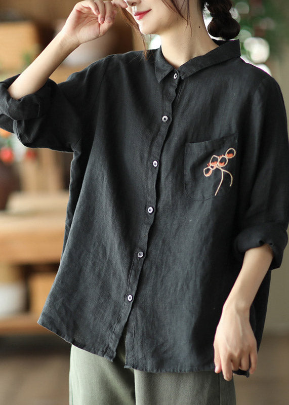 Red Peter Pan Collar Embroidered Button Linen Shirt Long Sleeve