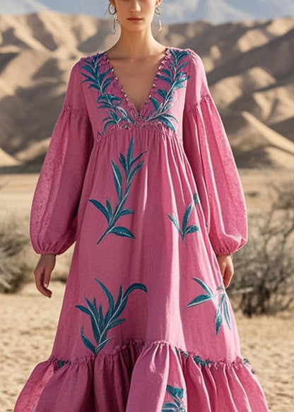 Simple Rose Oversized Print Cotton Long Dresses Fall