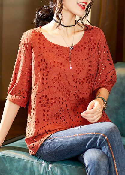 Brick Red O Neck Hollow Out Cotton T Shirt Half Sleeve