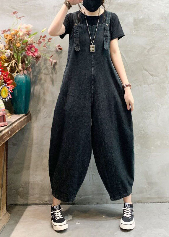 Black Pockets Denim Jumpsuits Summer