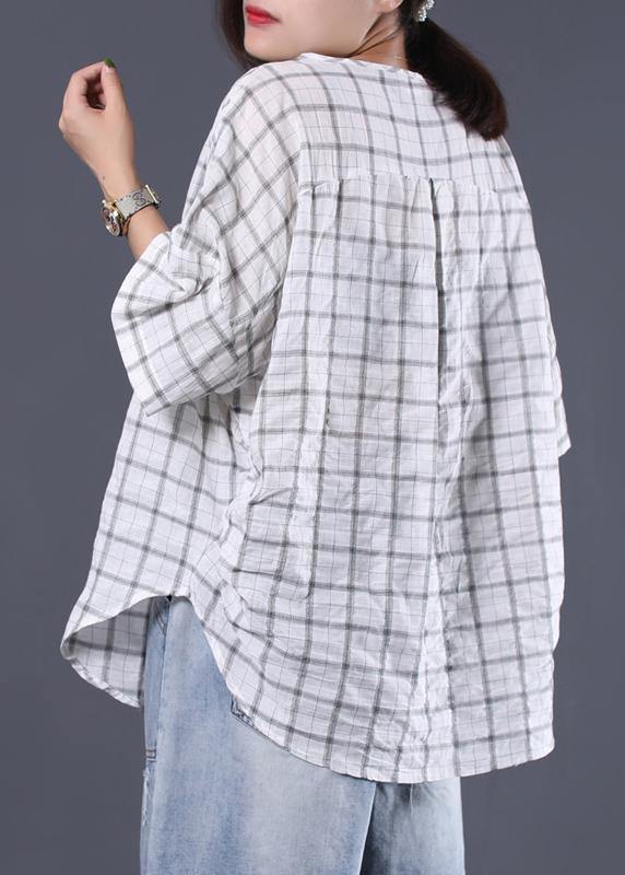 White Plaid Linen Tunic Cotton O Neck Summer Shirt
