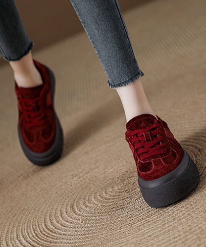 Red Lace Up Suede Splicing Platform Flat Shoes