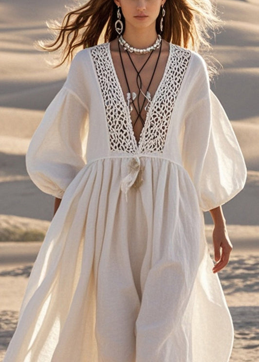 White V Neck Patchwork Lace Long Dresses Lantern Sleeve