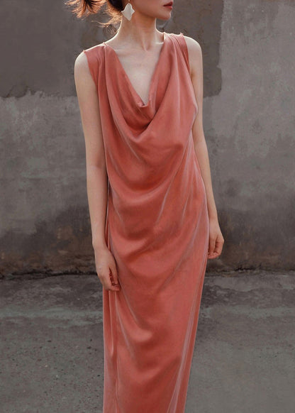 Orange Lace Up Silk Long Dresses Sleeveless