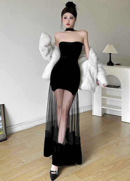 Original Design Black Cold Shoulder Backless Patchwor Tulle Maxi Dress Summer