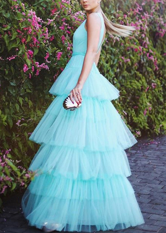 Blue V Neck High Waist Tulle Dress Sleeveless
