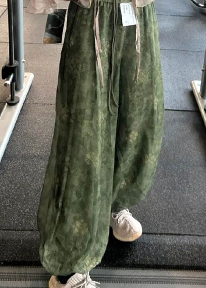 Green Print Elastic Waist Tulle Crop Pants