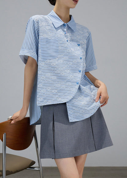 Blue Asymmetrical Design Striped Cotton Blouses Summer