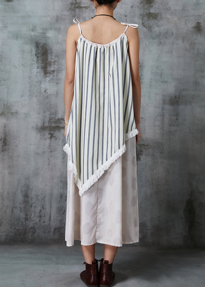 White Asymmetrical Patchwork Striped Summer Dress