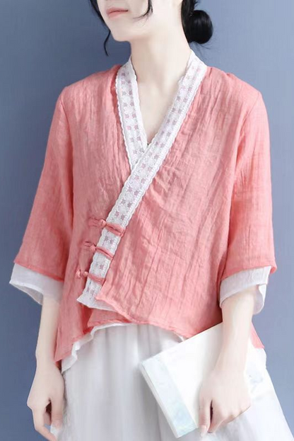 Summer Lace Slanted Button Shirt Lace-up 3/4 Sleeve Tops