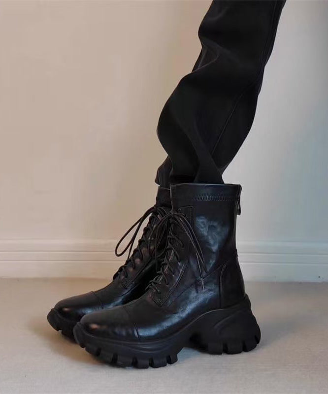 Black Sheepskin Splicing Lace Up Boots