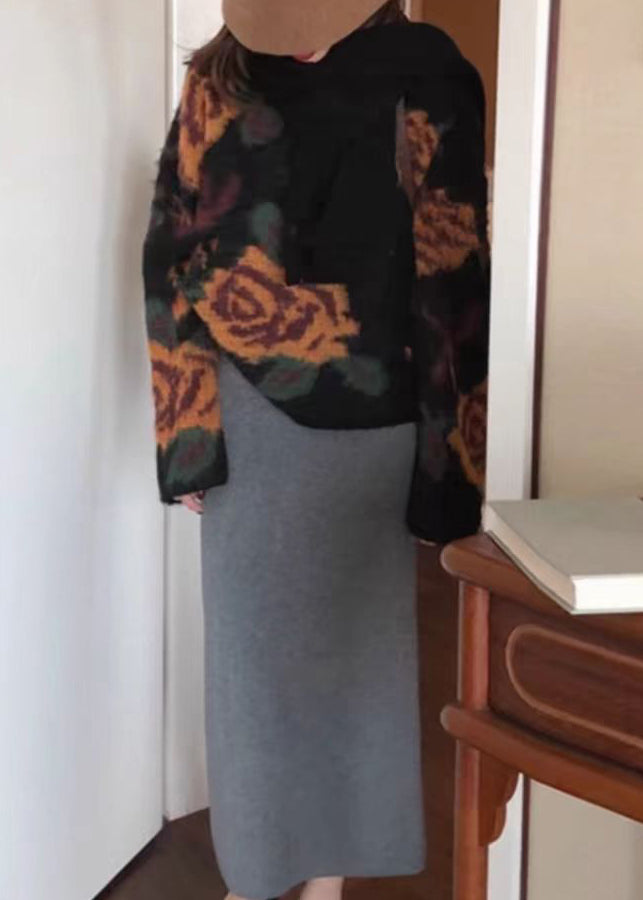 French Black O Neck Jacquard Knit Sweater Tops Spring