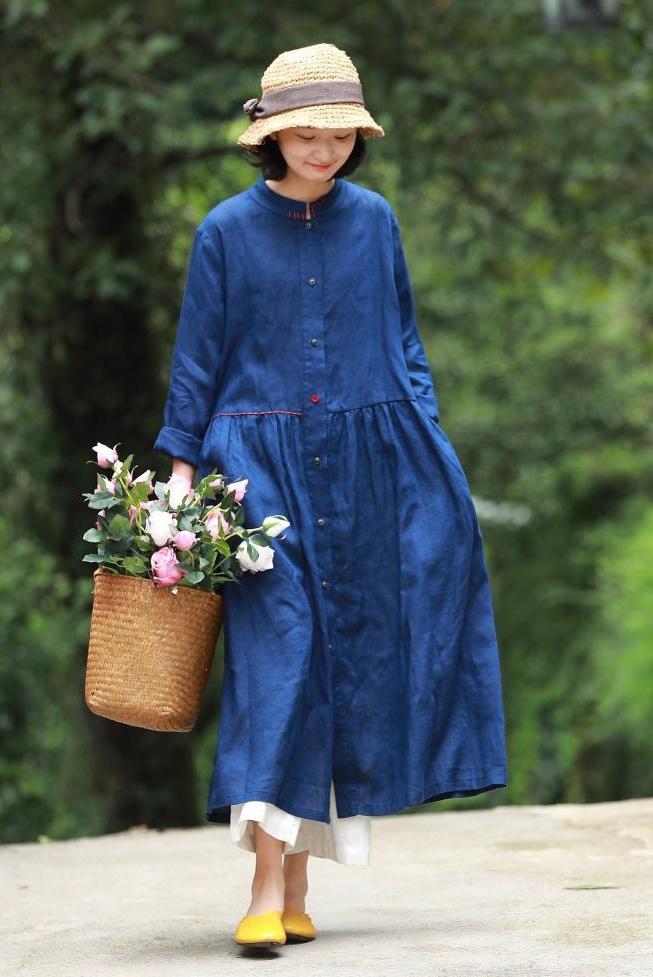 Loose Blue and Red Button Down Linen Maxi Dresses for