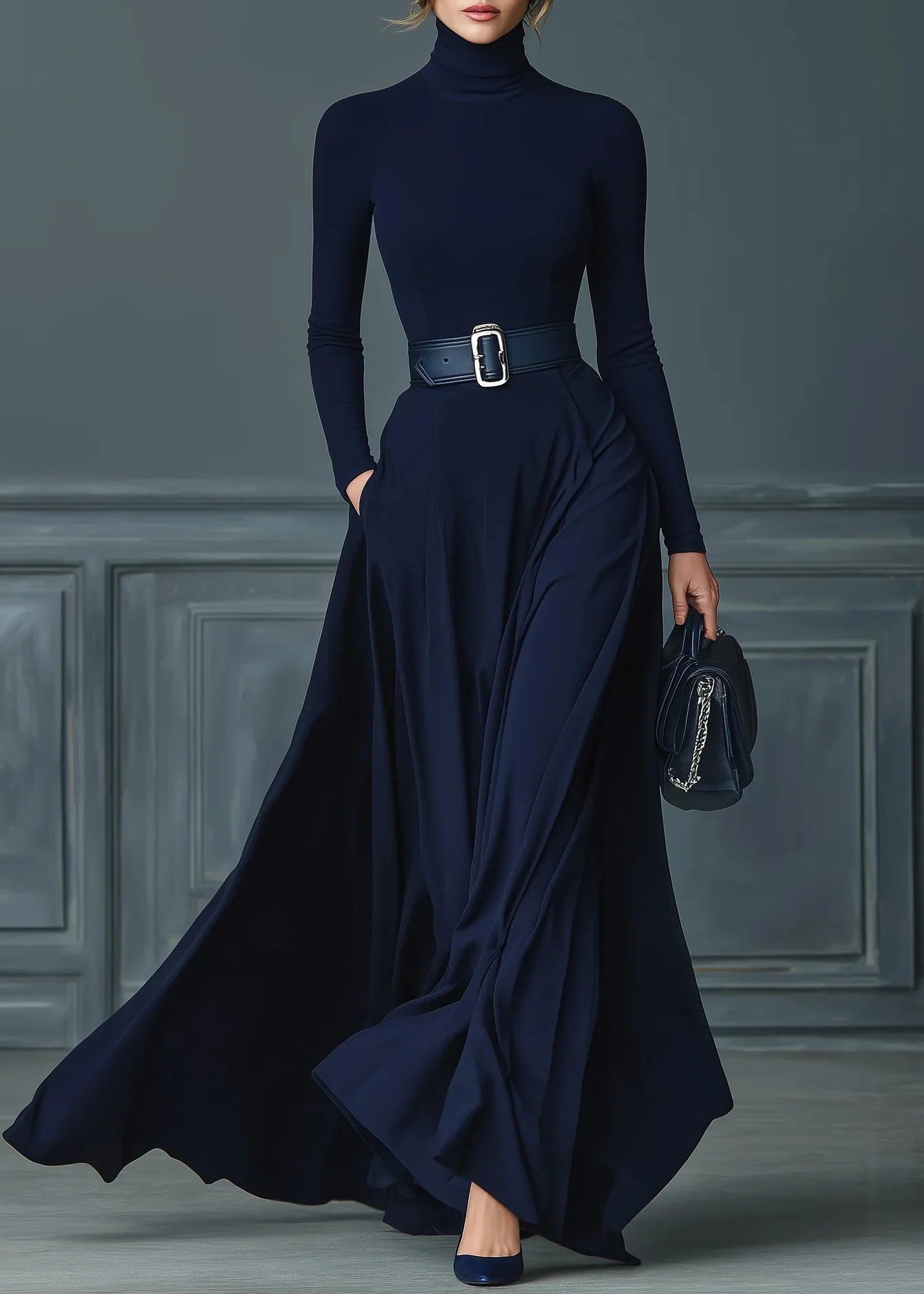 Boutique Navy Hign Neck Patchwork Cotton Long Dress Fall