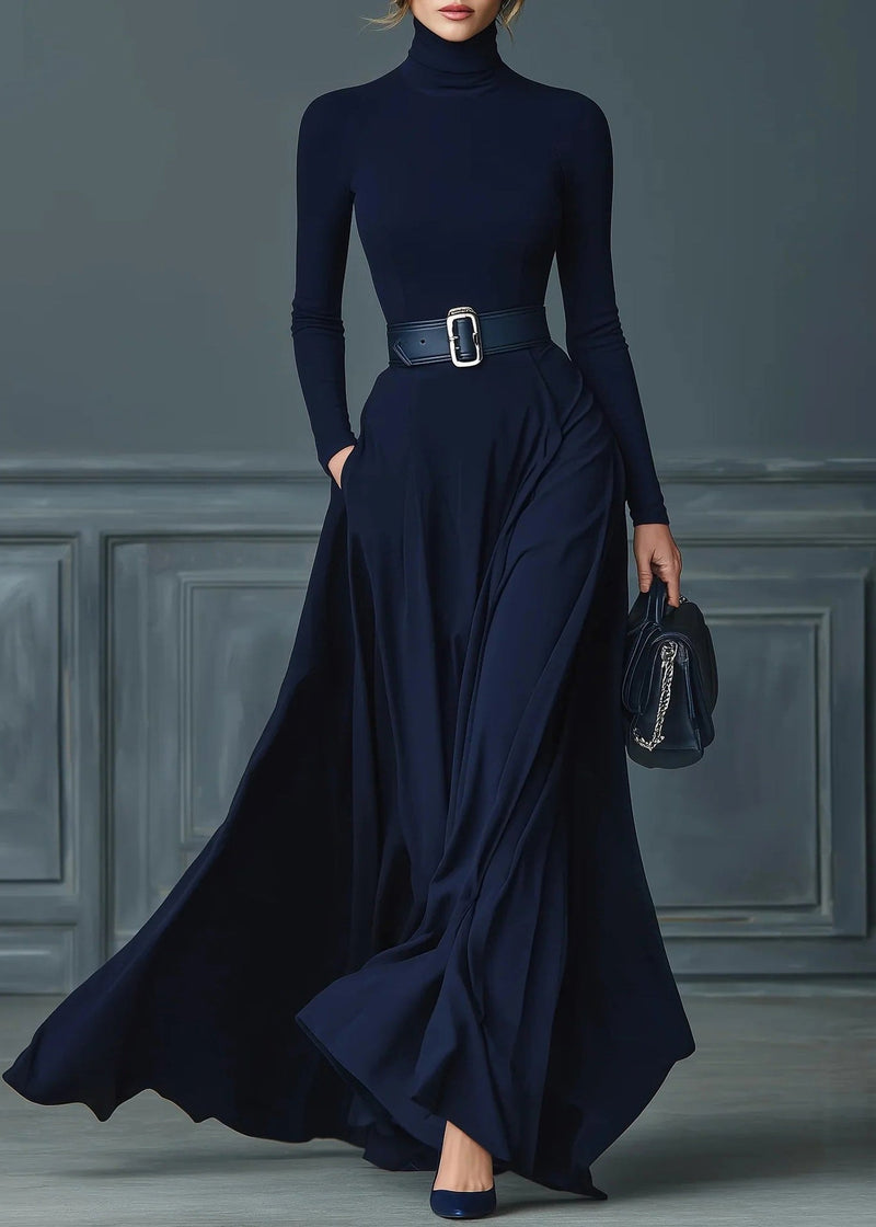 Boutique Navy Hign Neck Patchwork Cotton Long Dress Fall