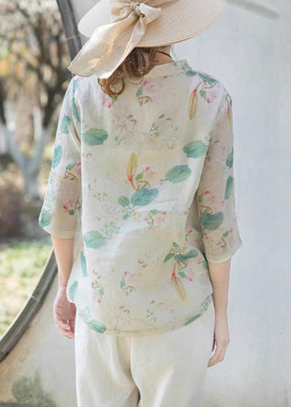 Green Print Stand Collar Button Linen Shirt Half Sleeve